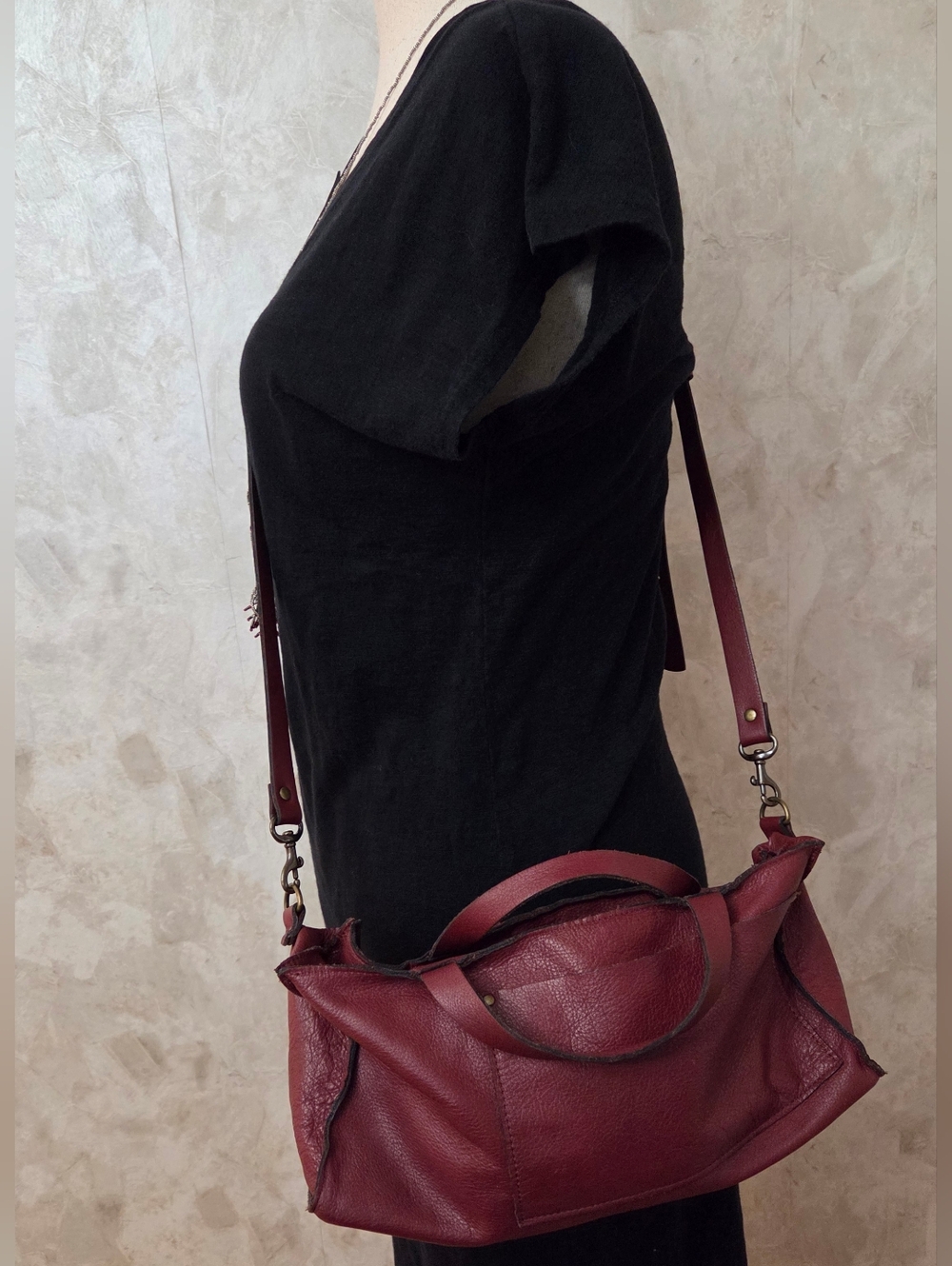 Stitch & Tickle Oxblood Leather Crossbody Satchel | Artisan Handmade Slouchy Bag - Picture 5 of 11
